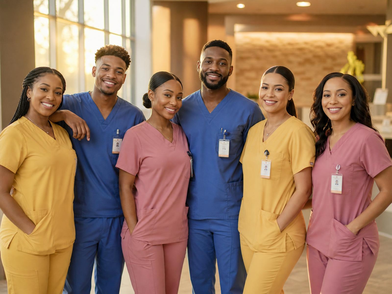 A group of six caregivers in scrubs — smiling, standing together